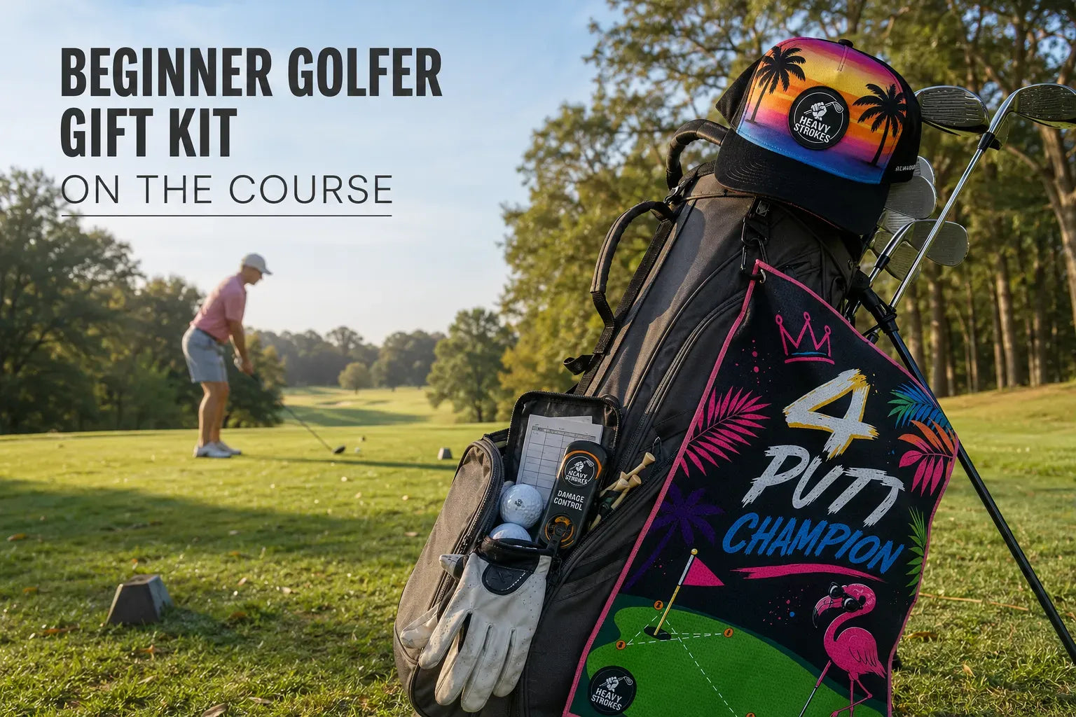 golf gifts for beginners including a towel divot tool and hat on a golf bag