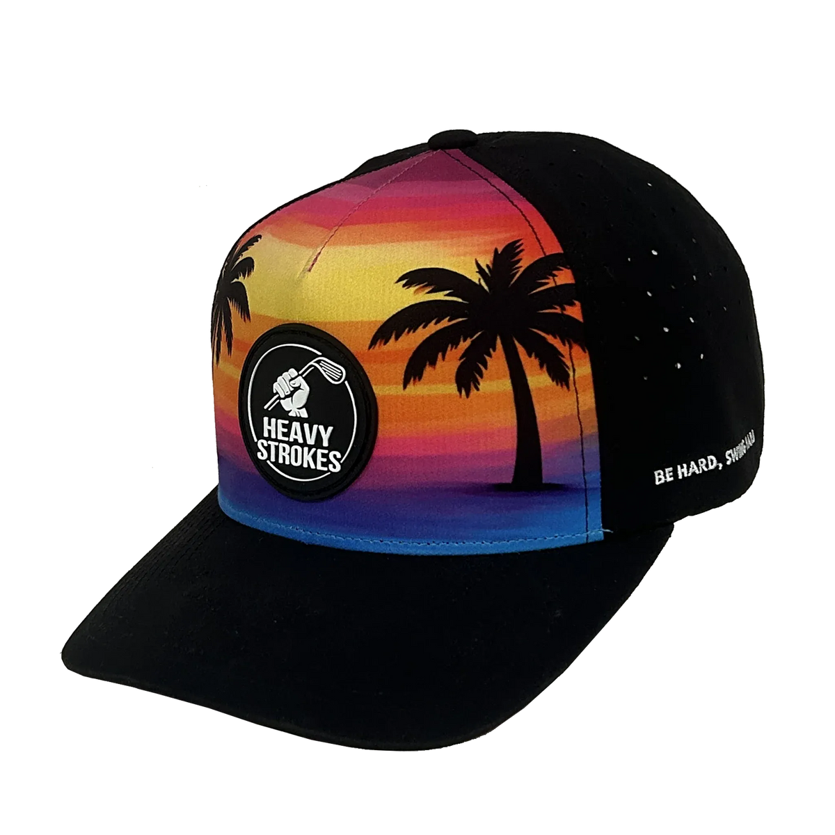 Angled view of the sunset gradient palm tree golf hat with embroidered Heavy Strokes wording